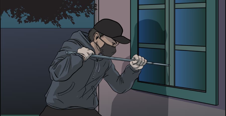 Illustration of burglar forcing entry through a window in Ocala
